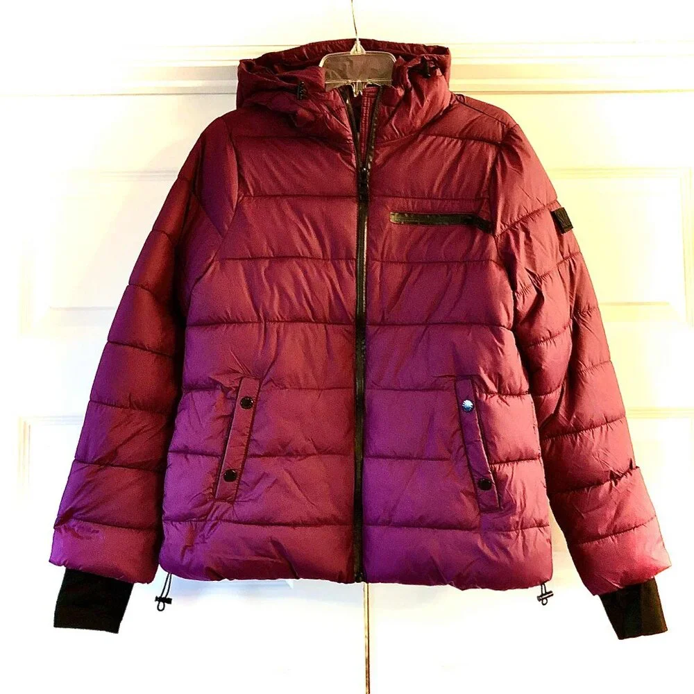 NWT STEVE MADDEN Packable Hooded Puffer Jacket Berry S